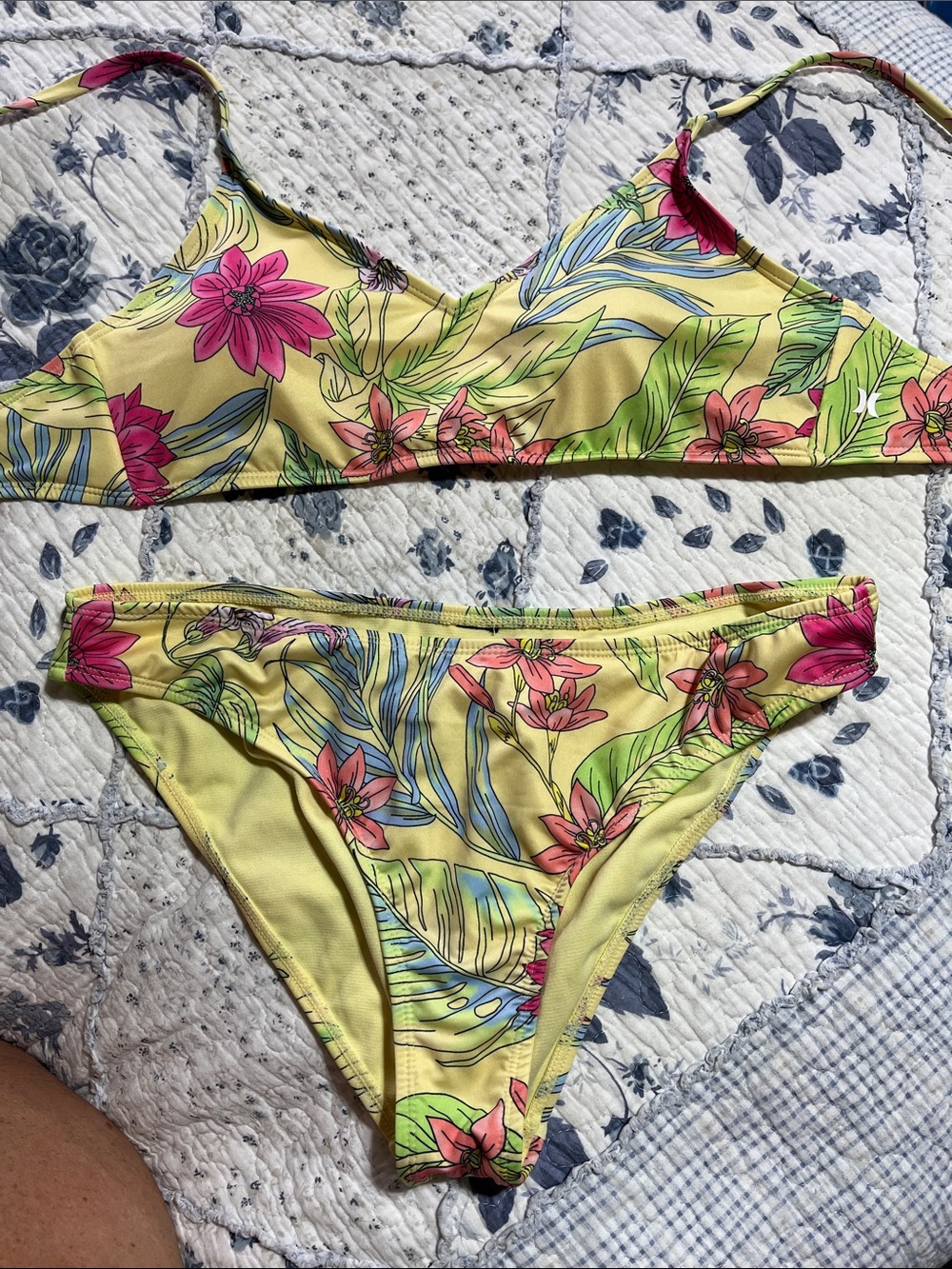 Hurley Yellow Floral Print Bikini Top with Pink Accents